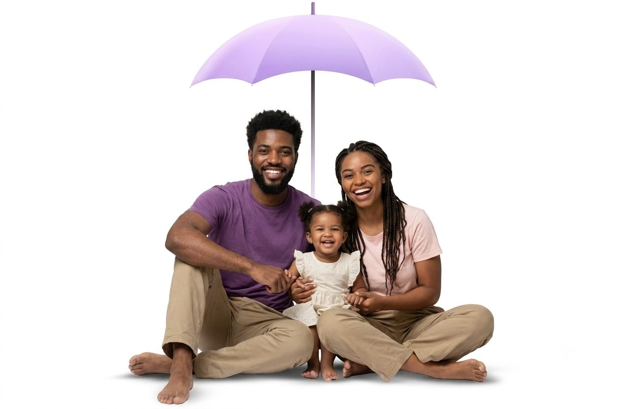 A Kenyan couple with their toddler sitting together under a purple umbrella