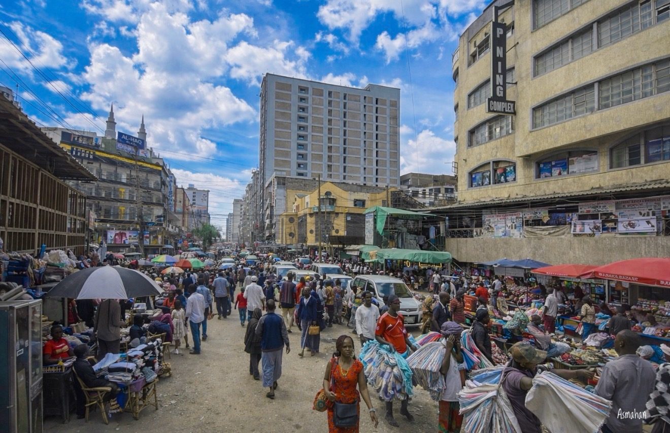 A busy open-air market street in Nairobi